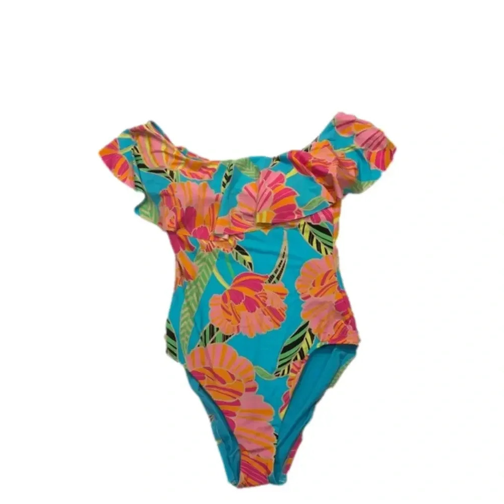 Trina Turk Poppy Ruffle Bandeau One Piece Swimsuit Size 6 NWT